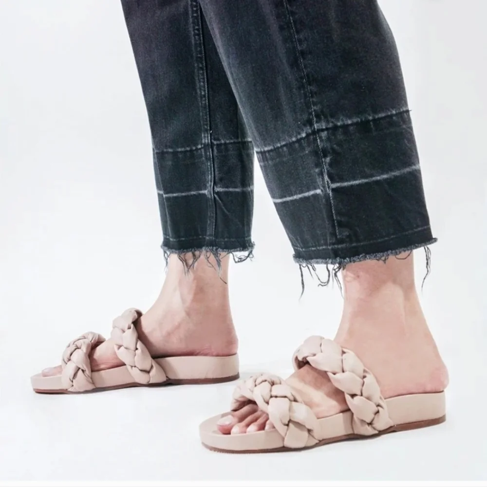 Kaanas Coco Taupe Beige Braided Leather Slide Sandal Size 9 NEW